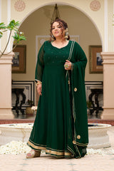 Plus Size Festive Emerald Green Georgette Anarkali Set with Hand Embellishments