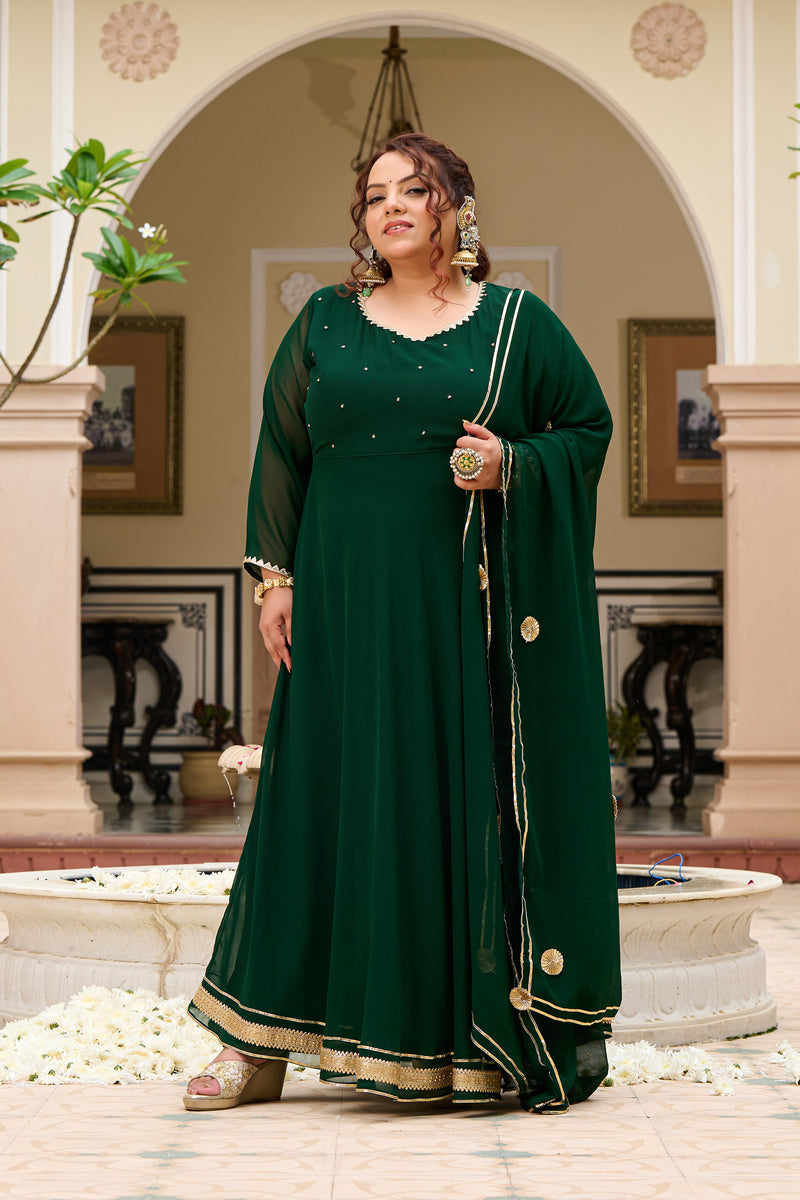 Plus Size Festive Emerald Green Georgette Anarkali Set with Hand Embellishments