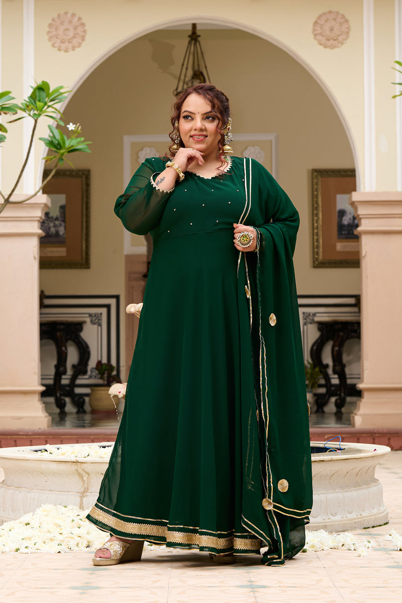 Plus Size Festive Emerald Green Georgette Anarkali Set with Hand Embellishments