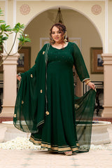 Plus Size Festive Emerald Green Georgette Anarkali Set with Hand Embellishments