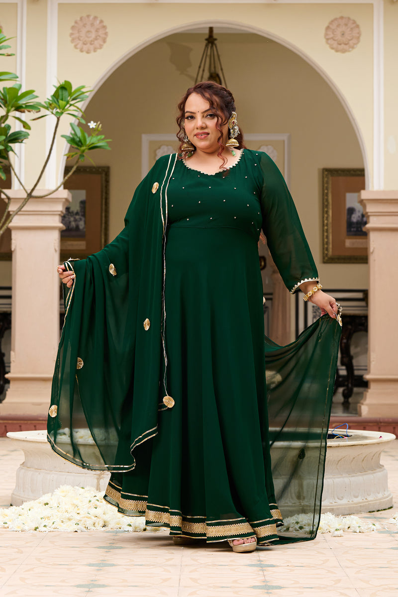 Plus Size Festive Emerald Green Georgette Anarkali Set with Hand Embellishments