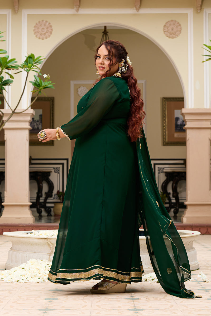 Plus Size Festive Emerald Green Georgette Anarkali Set with Hand Embellishments
