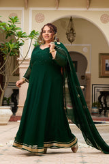 Plus Size Festive Emerald Green Georgette Anarkali Set with Hand Embellishments