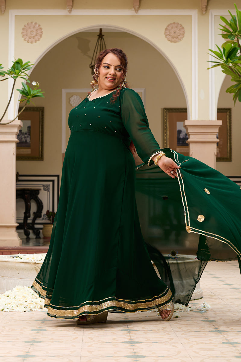 Plus Size Festive Emerald Green Georgette Anarkali Set with Hand Embellishments