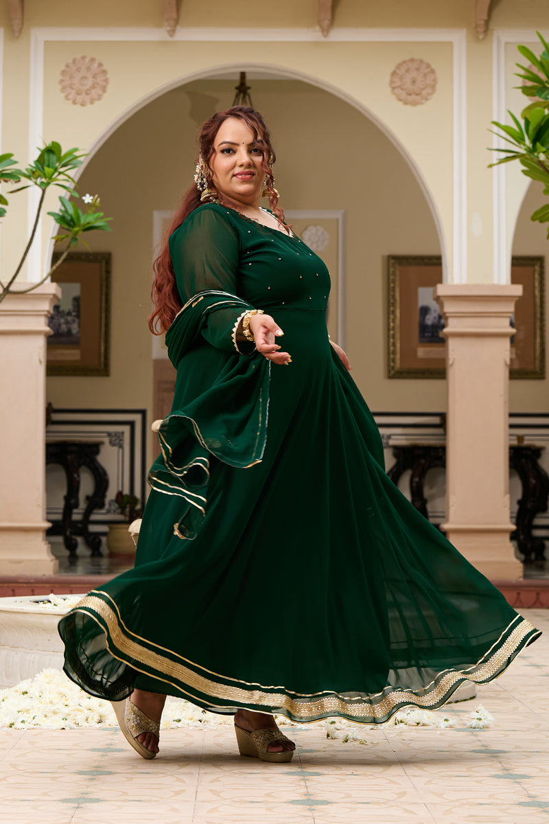 Plus Size Festive Emerald Green Georgette Anarkali Set with Hand Embellishments
