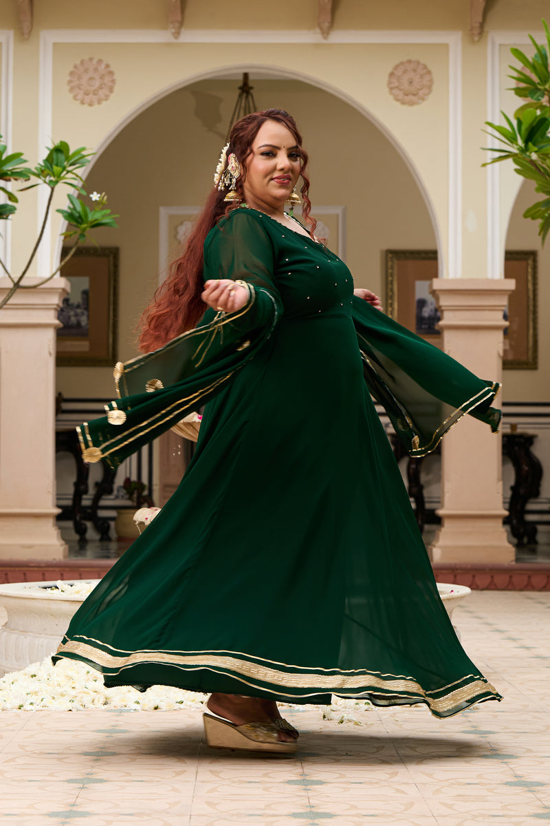 Plus Size Festive Emerald Green Georgette Anarkali Set with Hand Embellishments