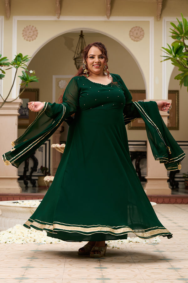 Plus Size Festive Emerald Green Georgette Anarkali Set with Hand Embellishments