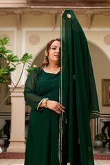 Plus Size Festive Emerald Green Georgette Anarkali Set with Hand Embellishments