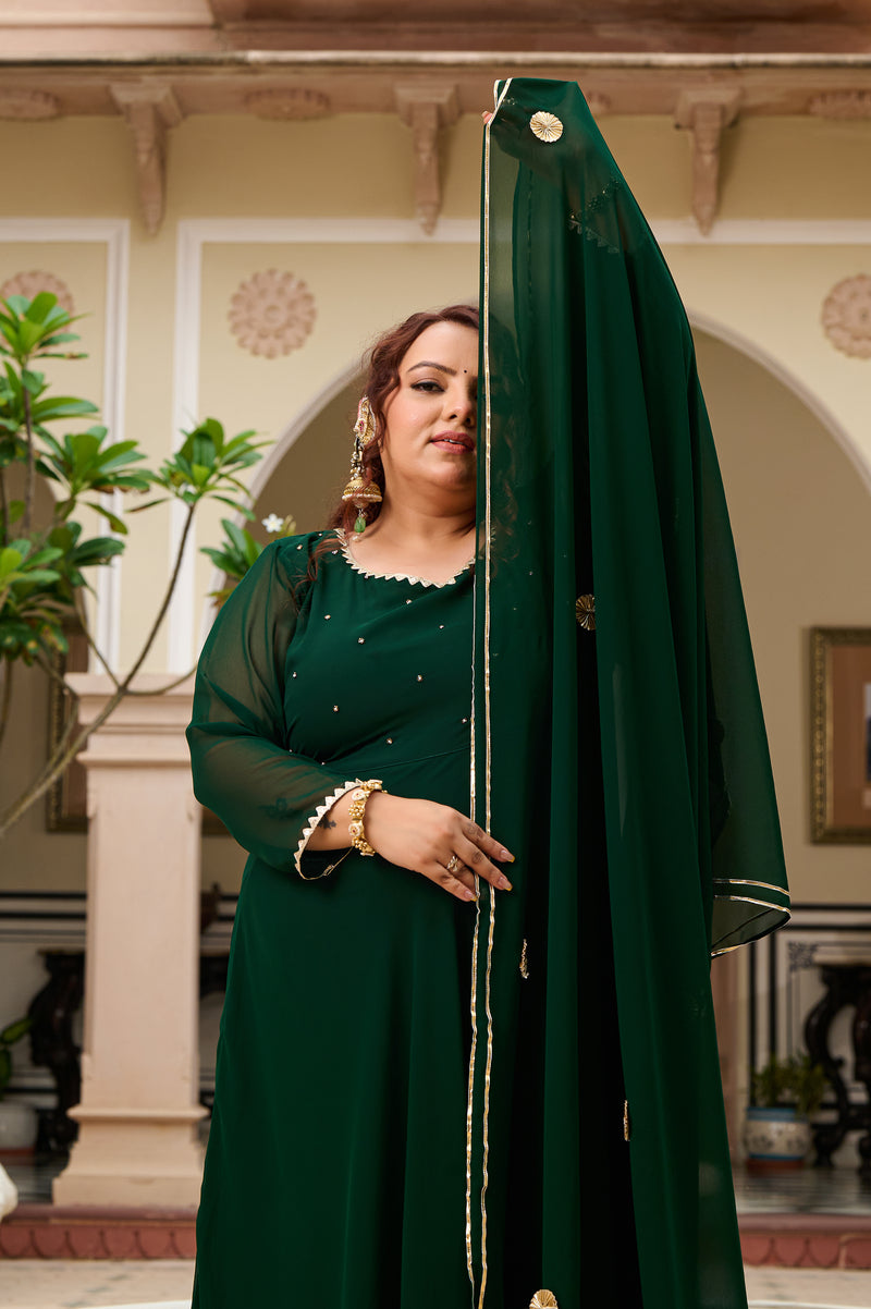 Plus Size Festive Emerald Green Georgette Anarkali Set with Hand Embellishments