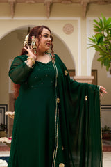 Plus Size Festive Emerald Green Georgette Anarkali Set with Hand Embellishments