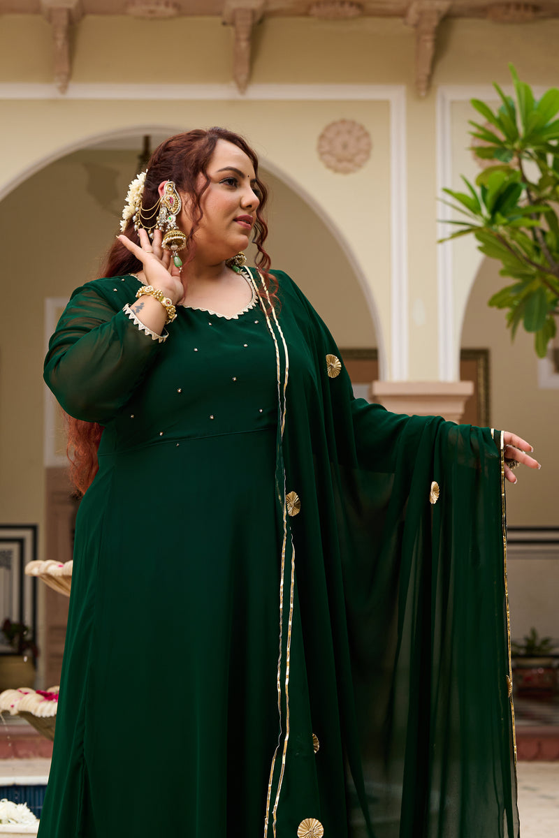 Plus Size Festive Emerald Green Georgette Anarkali Set with Hand Embellishments