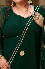 Plus Size Festive Emerald Green Georgette Anarkali Set with Hand Embellishments