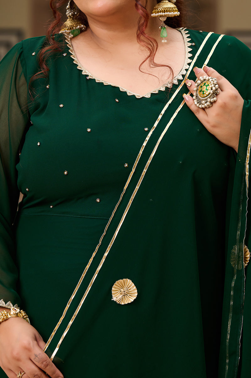 Plus Size Festive Emerald Green Georgette Anarkali Set with Hand Embellishments