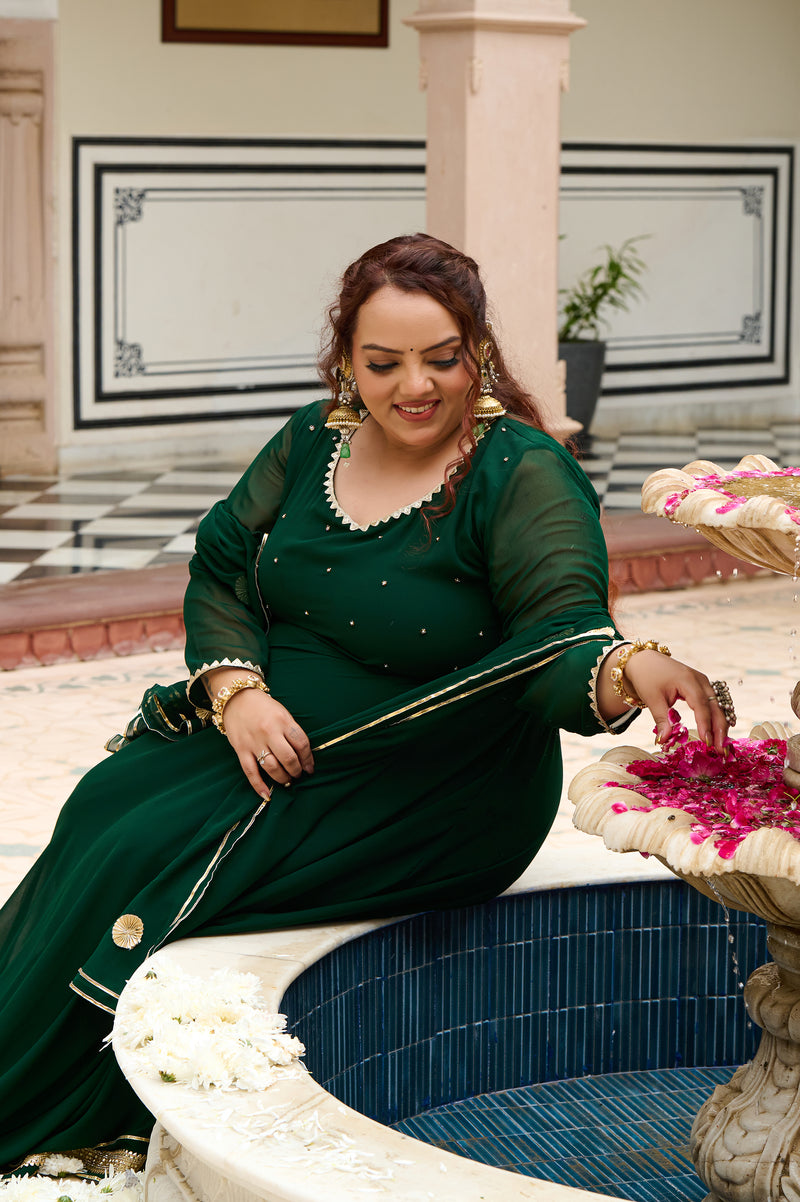 Plus Size Festive Emerald Green Georgette Anarkali Set with Hand Embellishments