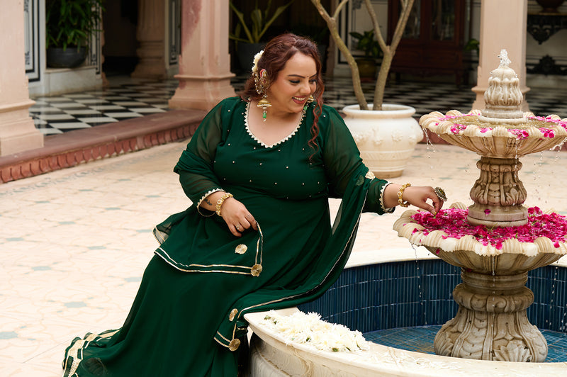 Plus Size Festive Emerald Green Georgette Anarkali Set with Hand Embellishments
