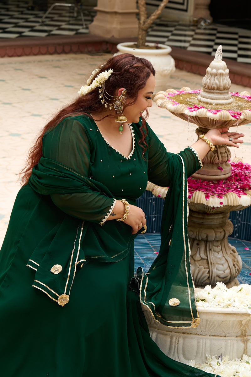Plus Size Festive Emerald Green Georgette Anarkali Set with Hand Embellishments
