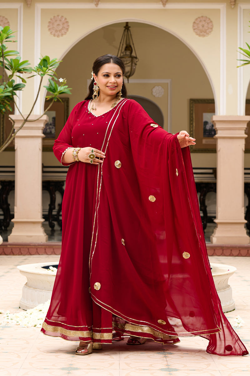 Plus Size Festive Maroon Georgette Anarkali Set with Hand Embellishments