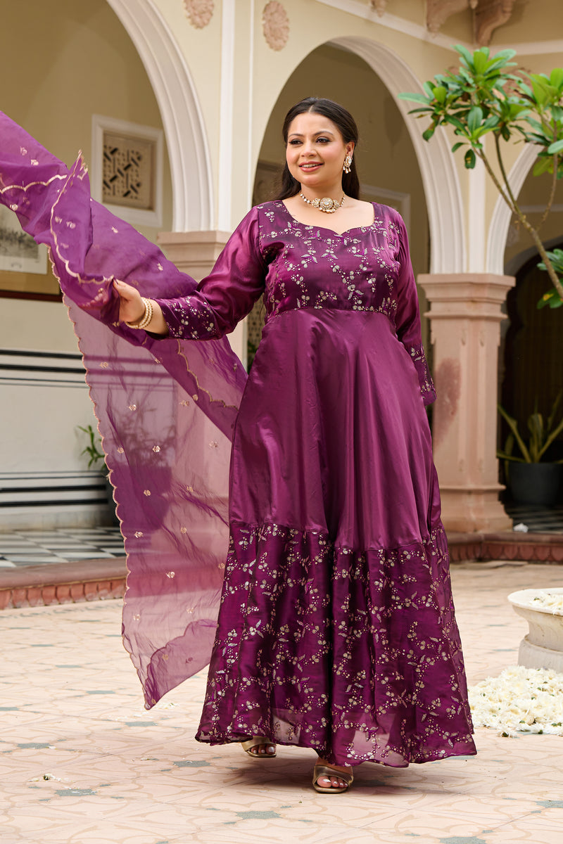 Plus Size Majestic Wine Embellished Anarkali with Organza Dupatta