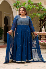 Plus Size Mehr Jaal Mirror Embroidered Teal Blue Anarkali with Dupatta