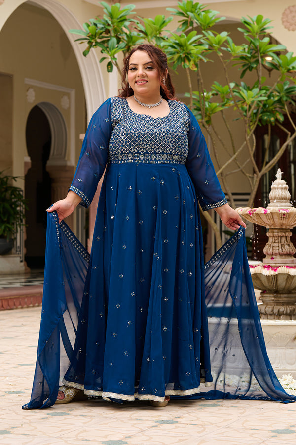 Plus Size Mehr Jaal Mirror Embroidered Teal Blue Anarkali with Dupatta