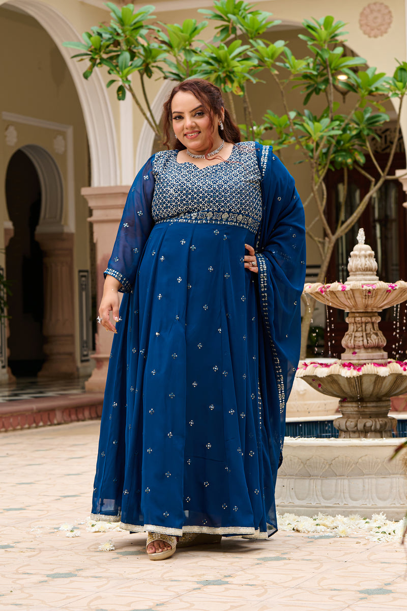 Plus Size Mehr Jaal Mirror Embroidered Teal Blue Anarkali with Dupatta
