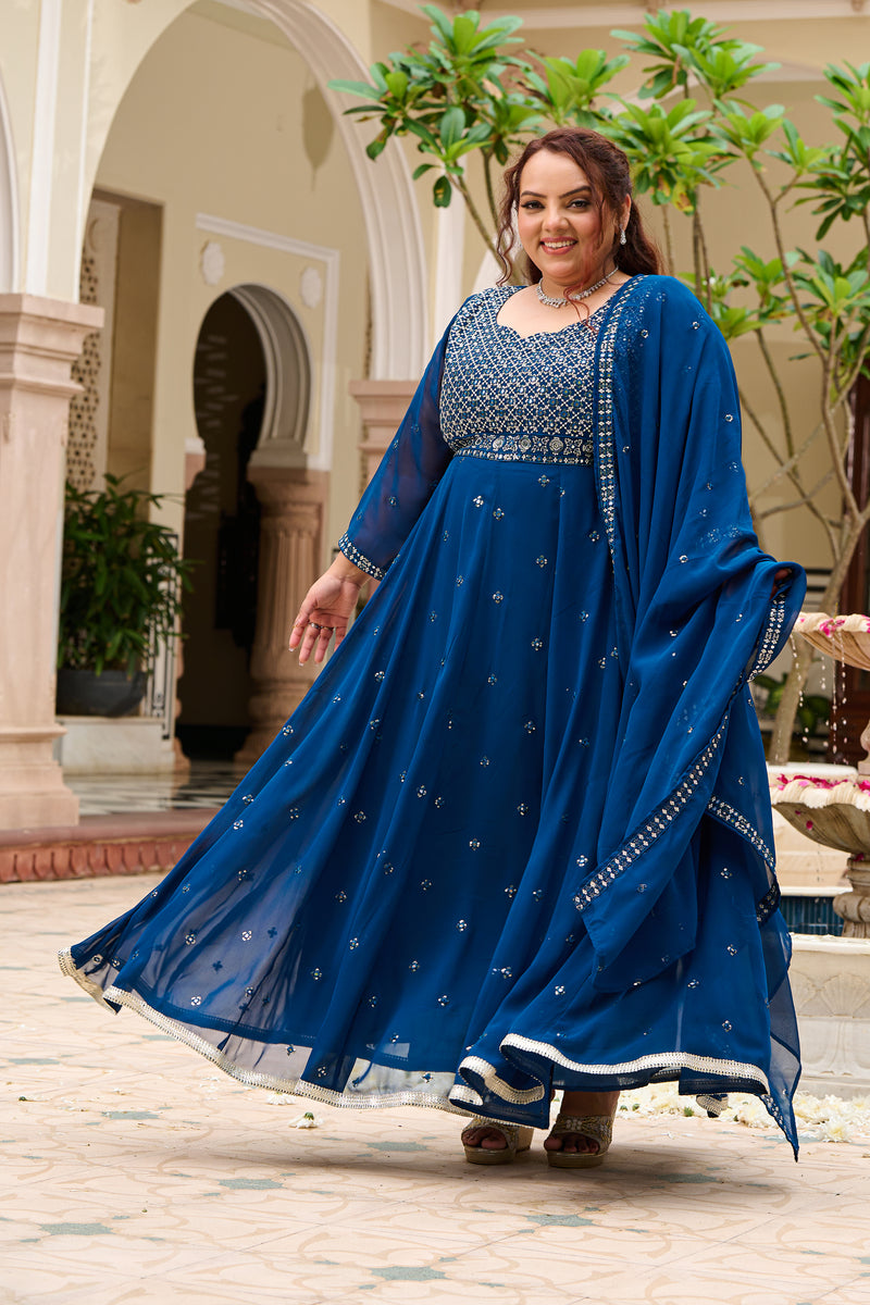 Plus Size Mehr Jaal Mirror Embroidered Teal Blue Anarkali with Dupatta