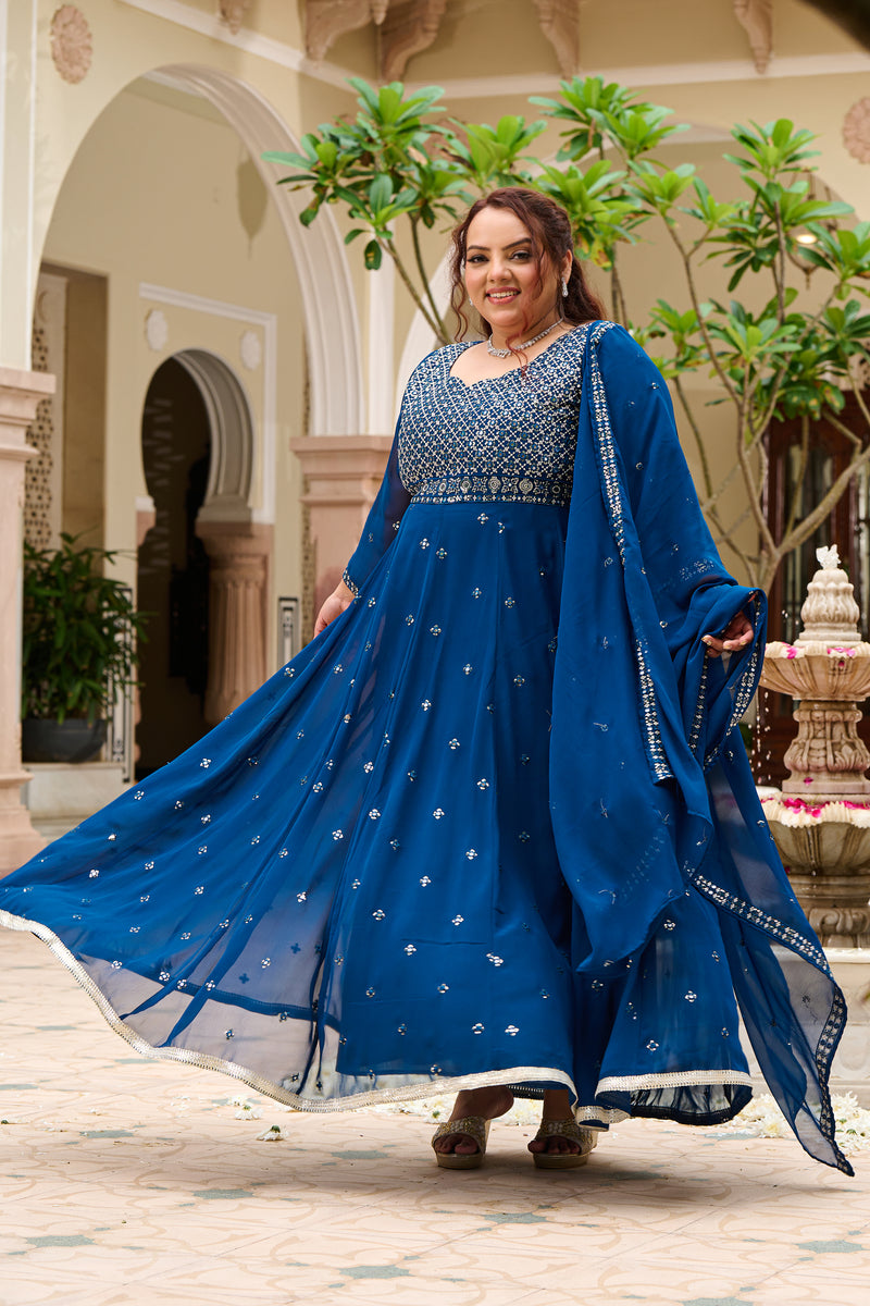 Plus Size Mehr Jaal Mirror Embroidered Teal Blue Anarkali with Dupatta