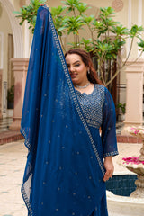Plus Size Mehr Jaal Mirror Embroidered Teal Blue Anarkali with Dupatta