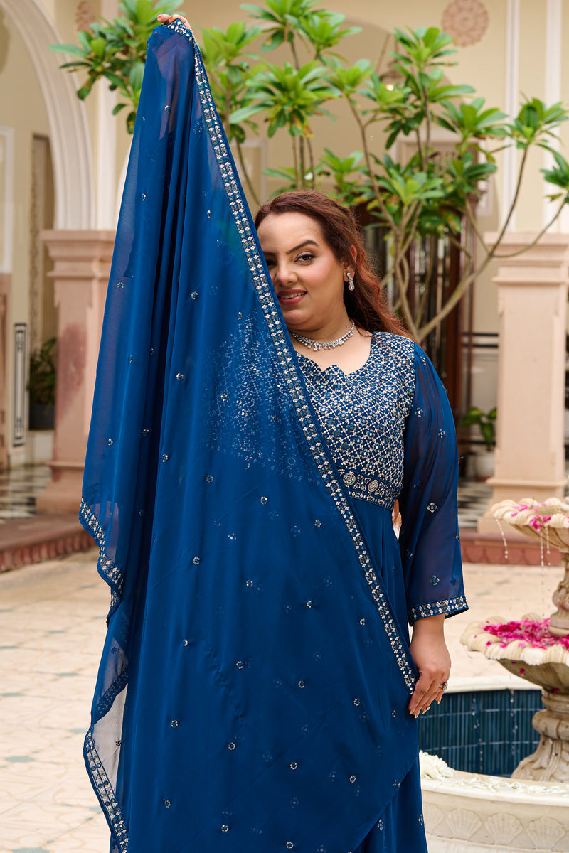 Plus Size Mehr Jaal Mirror Embroidered Teal Blue Anarkali with Dupatta