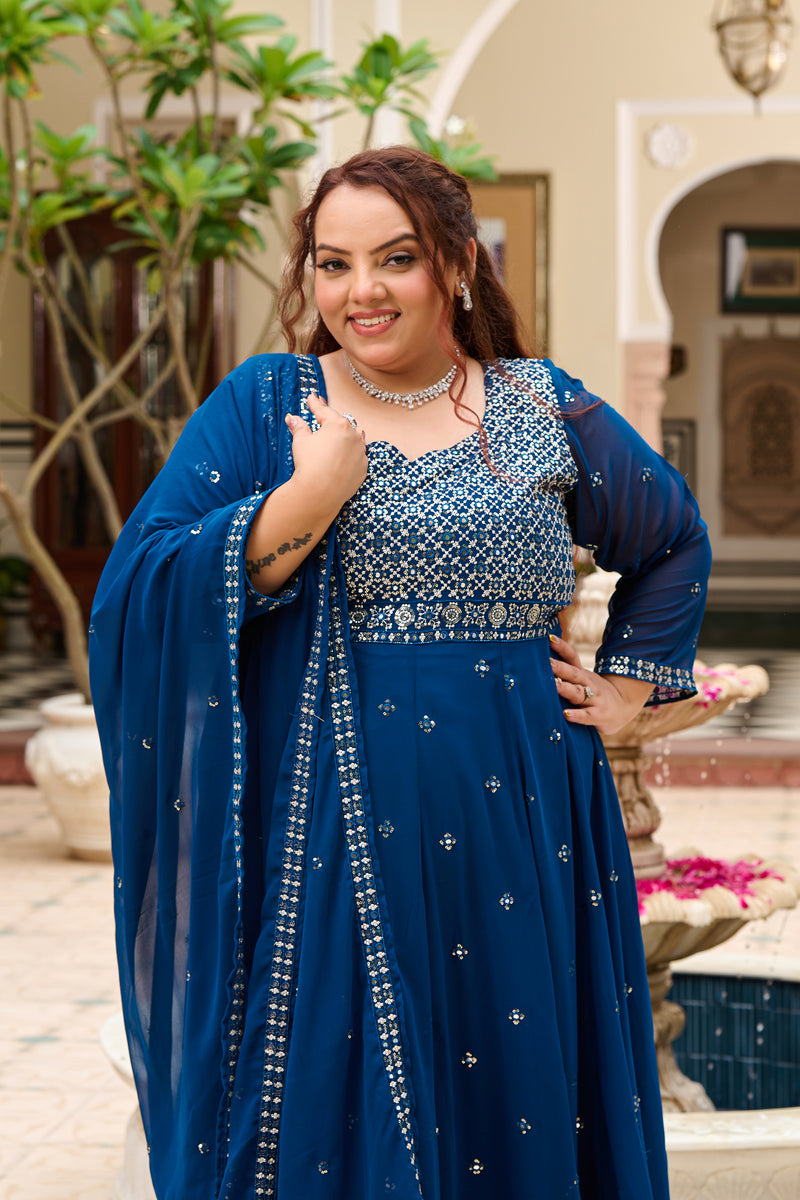 Plus Size Mehr Jaal Mirror Embroidered Teal Blue Anarkali with Dupatta