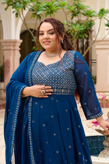 Plus Size Mehr Jaal Mirror Embroidered Teal Blue Anarkali with Dupatta