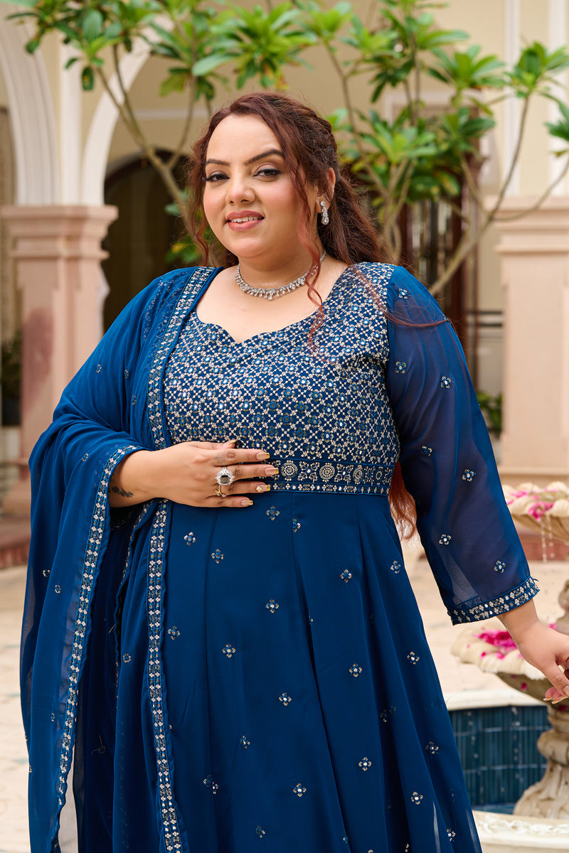 Plus Size Mehr Jaal Mirror Embroidered Teal Blue Anarkali with Dupatta