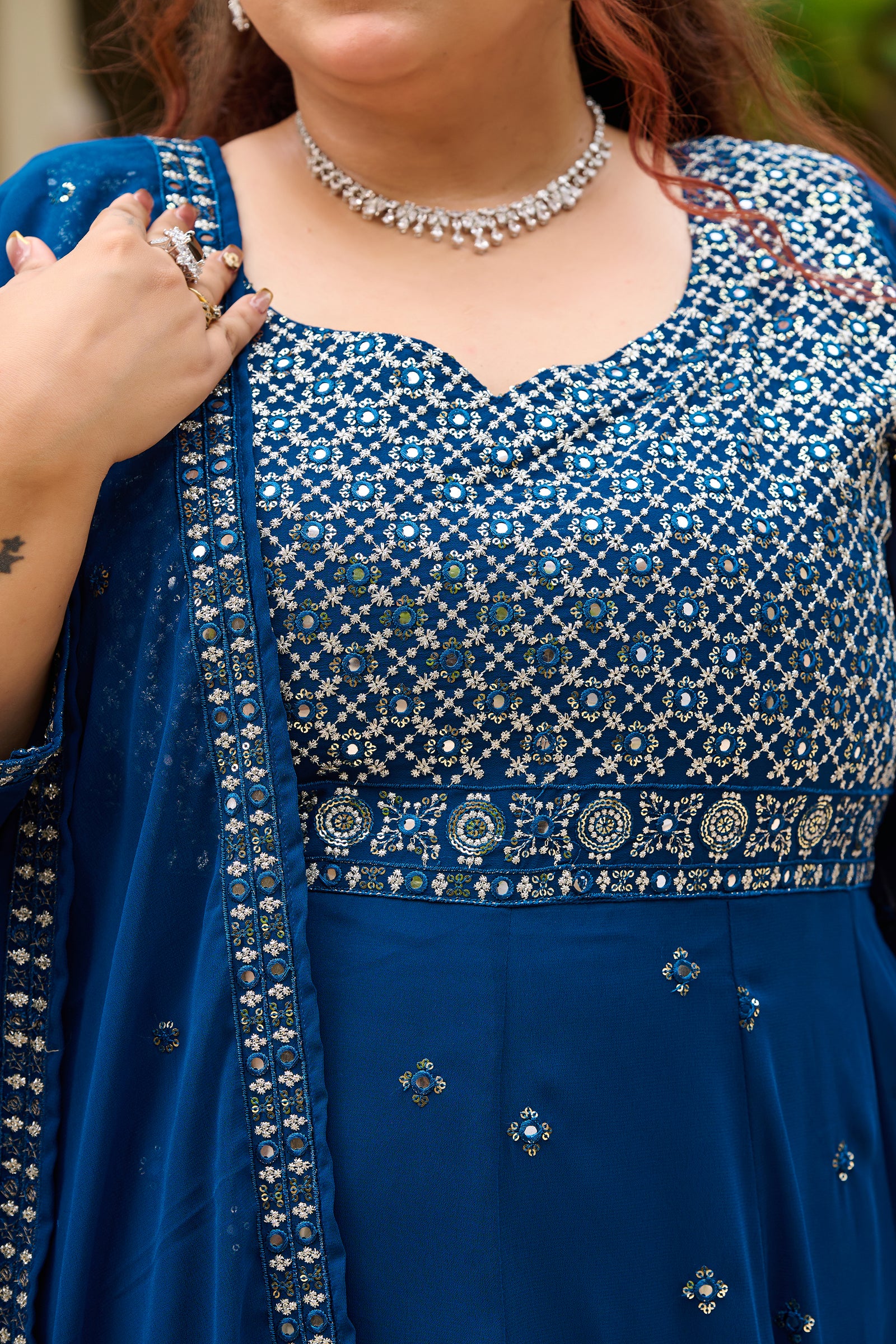 Plus Size Mehr Jaal Mirror Embroidered Teal Blue Anarkali with