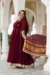 Plus Size Wine Glow Embellished Anarkali with Mirror work Dupatta