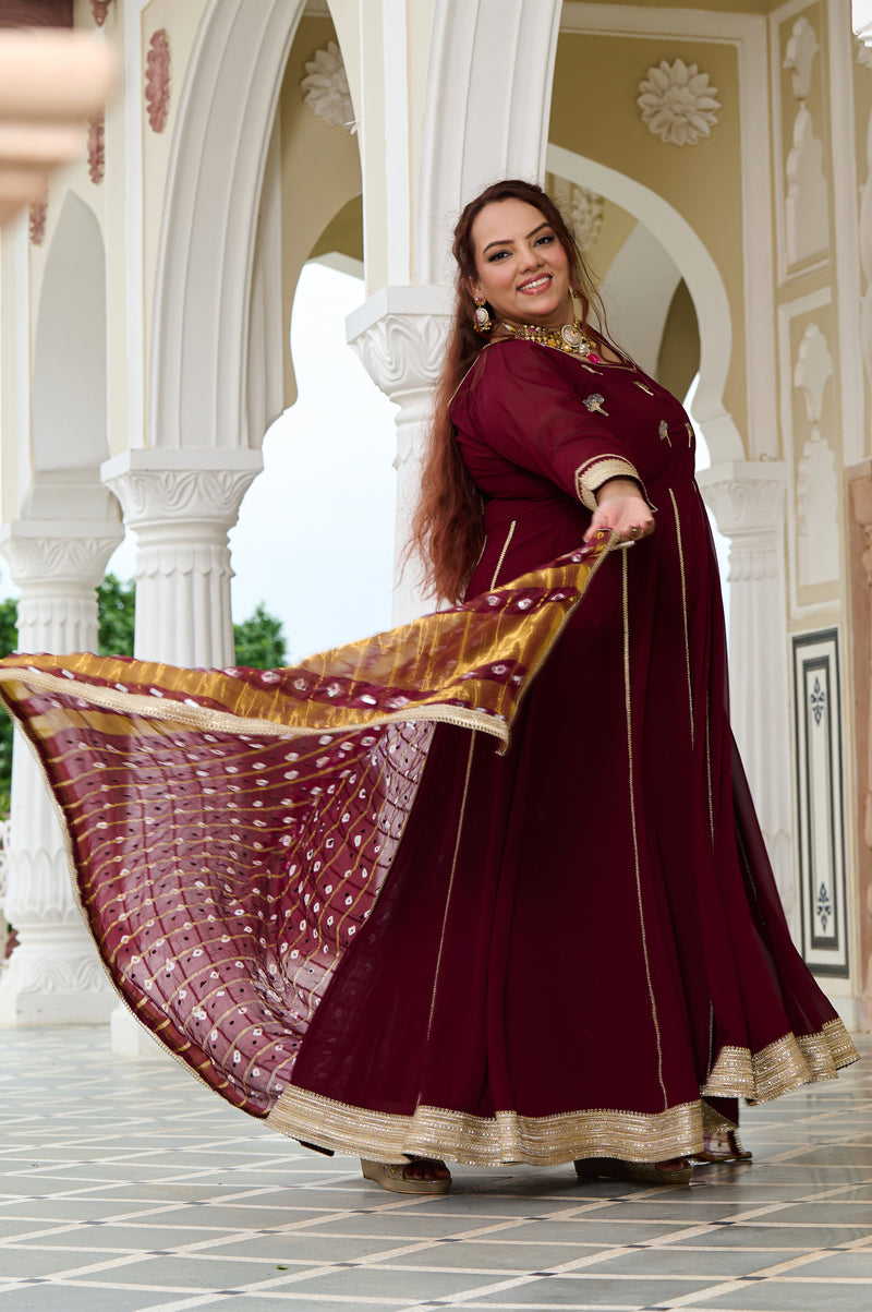 Plus Size Wine Glow Embellished Anarkali with Mirror work Dupatta