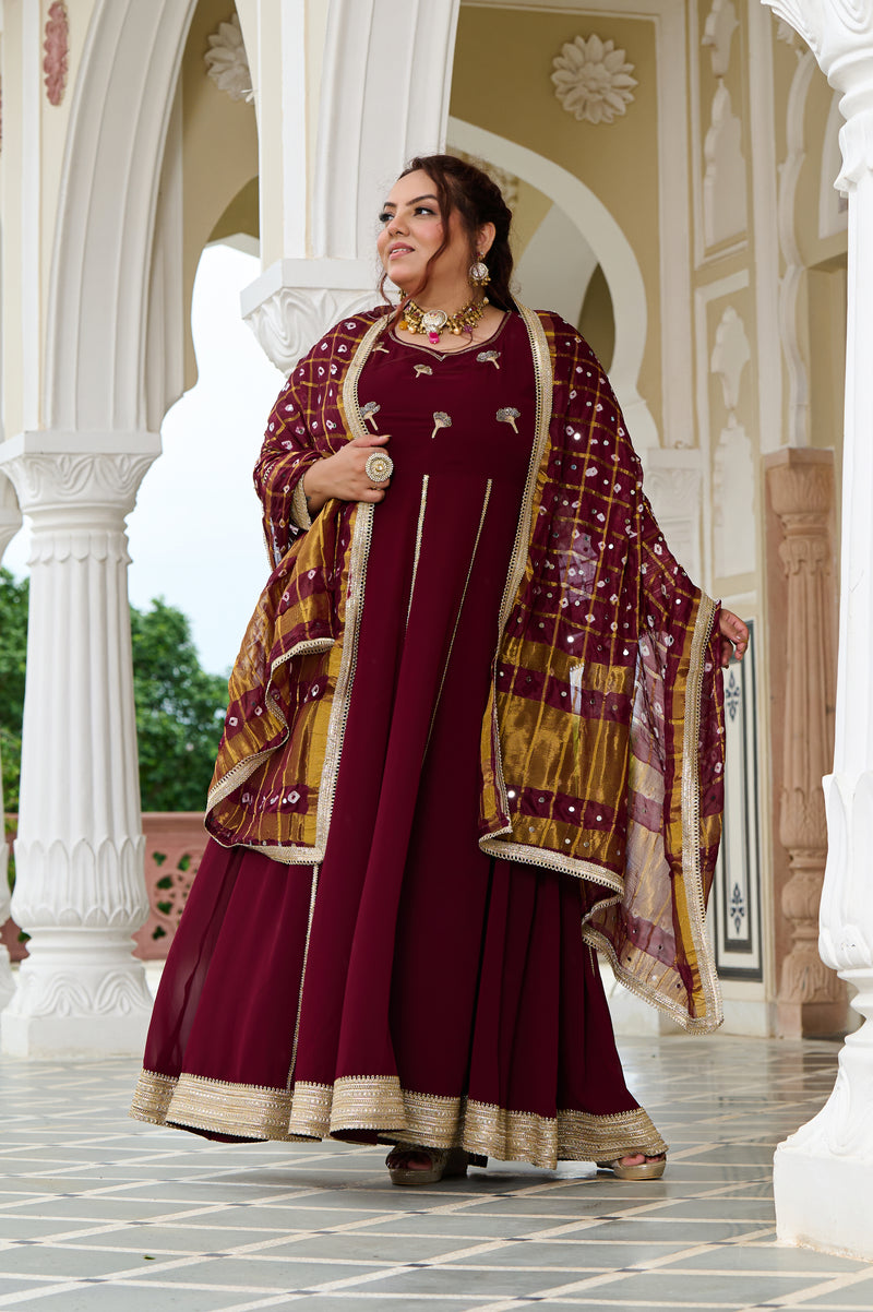 Plus Size Wine Glow Embellished Anarkali with Mirror work Dupatta