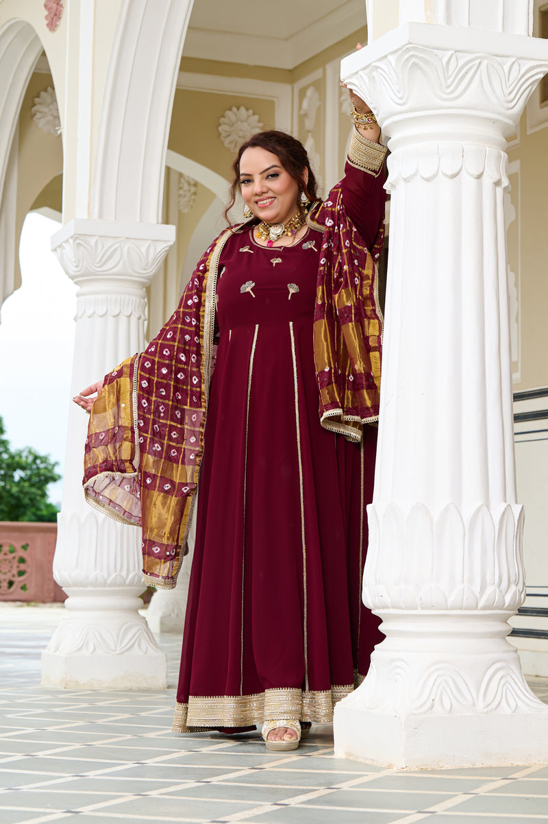 Plus Size Wine Glow Embellished Anarkali with Mirror work Dupatta
