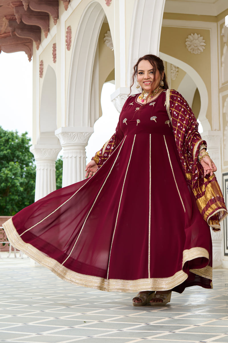 Plus Size Wine Glow Embellished Anarkali with Mirror work Dupatta