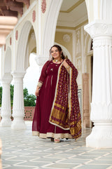 Plus Size Wine Glow Embellished Anarkali with Mirror work Dupatta