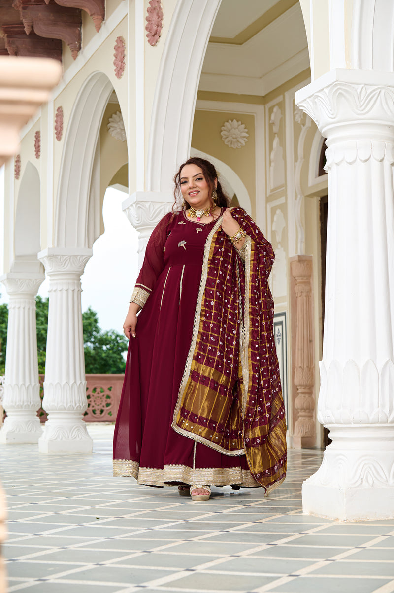 Plus Size Wine Glow Embellished Anarkali with Mirror work Dupatta