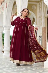 Plus Size Wine Glow Embellished Anarkali with Mirror work Dupatta