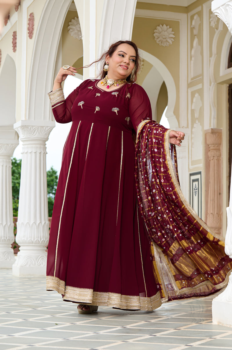 Plus Size Wine Glow Embellished Anarkali with Mirror work Dupatta