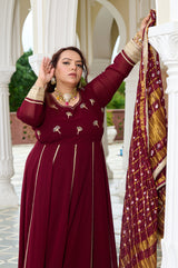 Plus Size Wine Glow Embellished Anarkali with Mirror work Dupatta