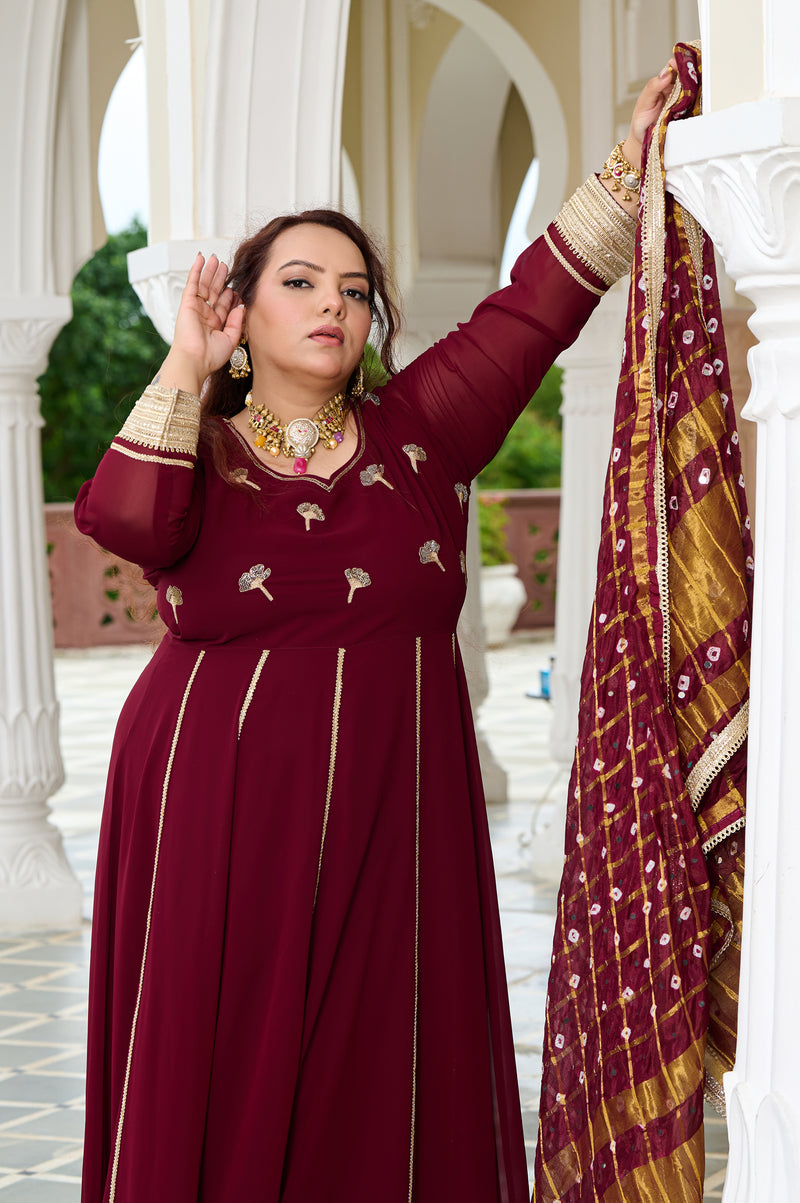 Plus Size Wine Glow Embellished Anarkali with Mirror work Dupatta