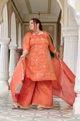 Exclusive Sunset Glow Hand-Embroidered Orange Kurta Set with Scalloped Dupatta