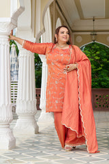 Exclusive Sunset Glow Hand-Embroidered Orange Kurta Set with Scalloped Dupatta