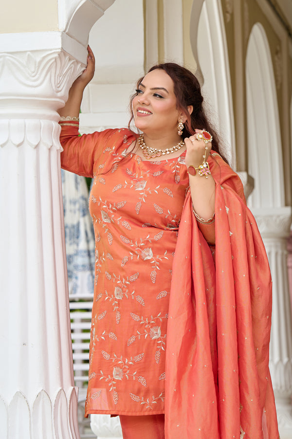 Exclusive Sunset Glow Hand-Embroidered Orange Kurta Set with Scalloped Dupatta