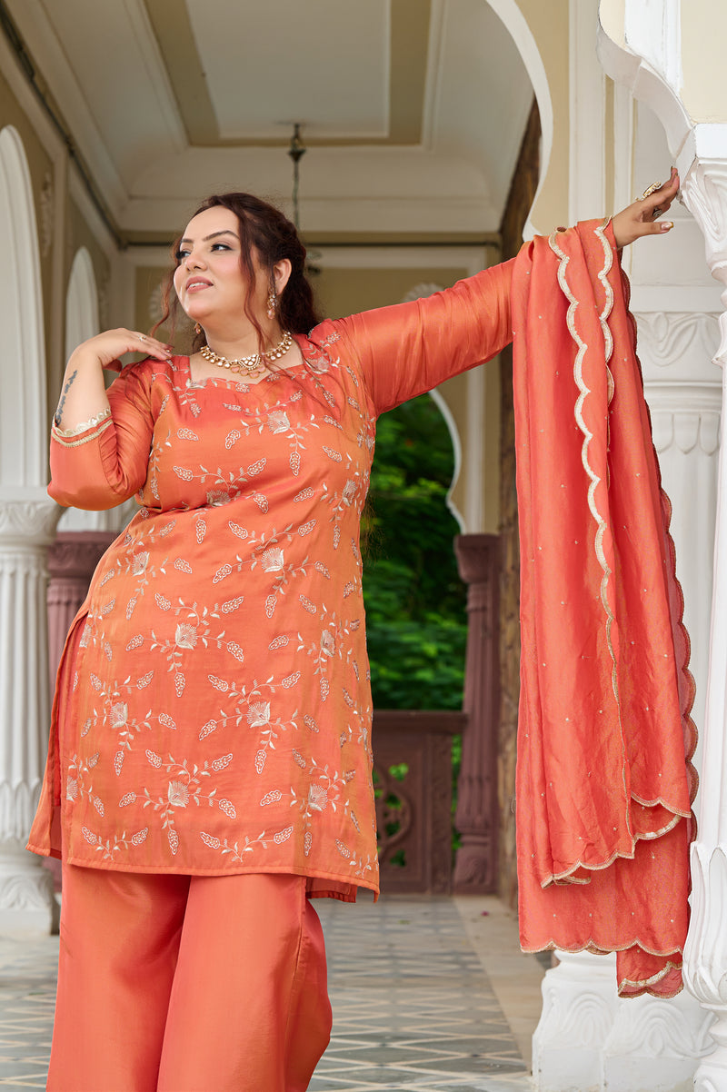 Exclusive Sunset Glow Hand-Embroidered Orange Kurta Set with Scalloped Dupatta