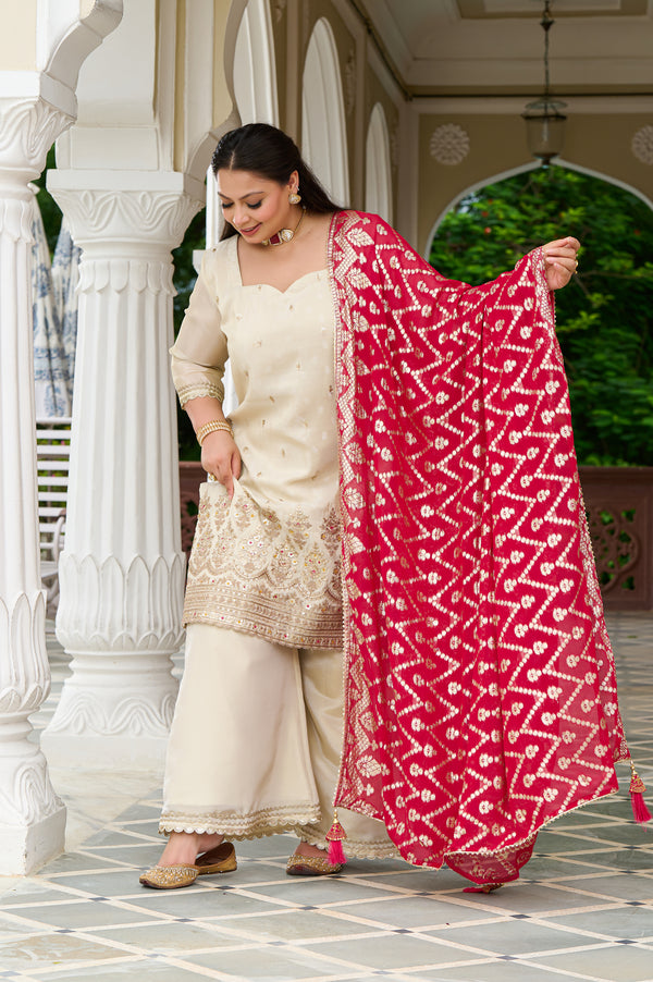 Exclusive Festive - Regal Ivory Embroidered Kurta Set with Contrast Dupatta