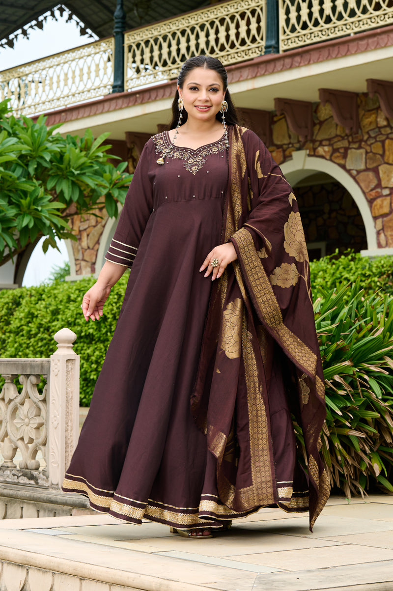 Plus Size Zohra Chocolate Brown Anarkali Set with Zari Brocade Dupatta Plus Size Zohra Chocolate Brown Anarkali Set with Zari Brocade Dupatta